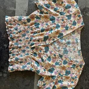 PAPER CRANE Teal, Mustard & Pink Floral Smocked Blouse